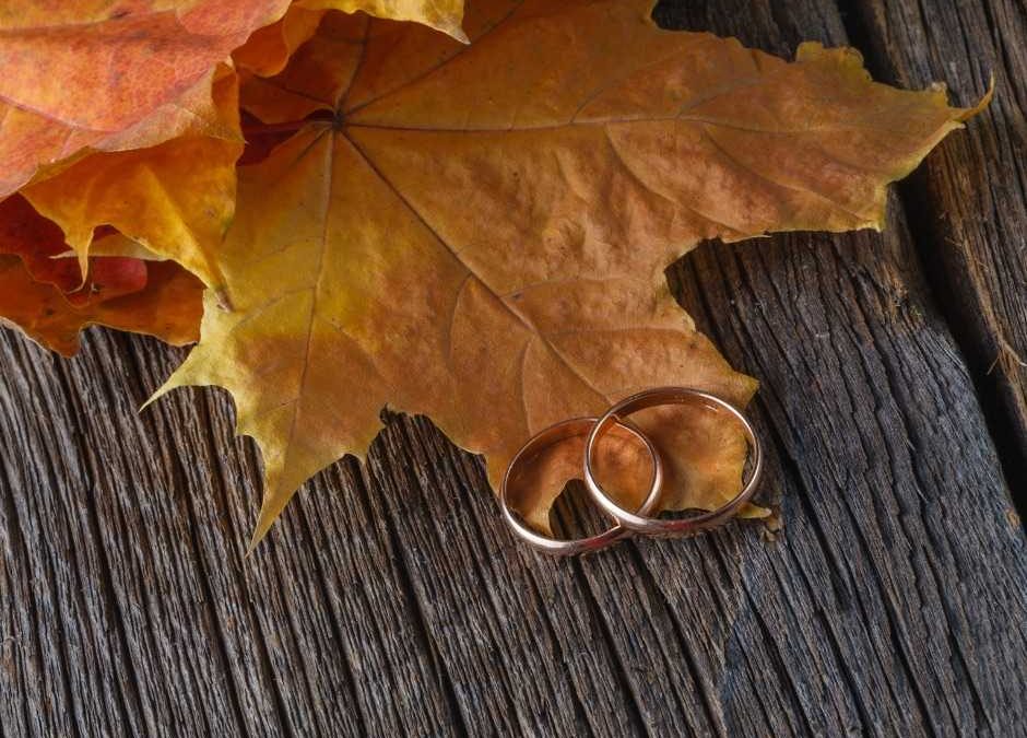 two wedding rings on fall leaf on wooden background